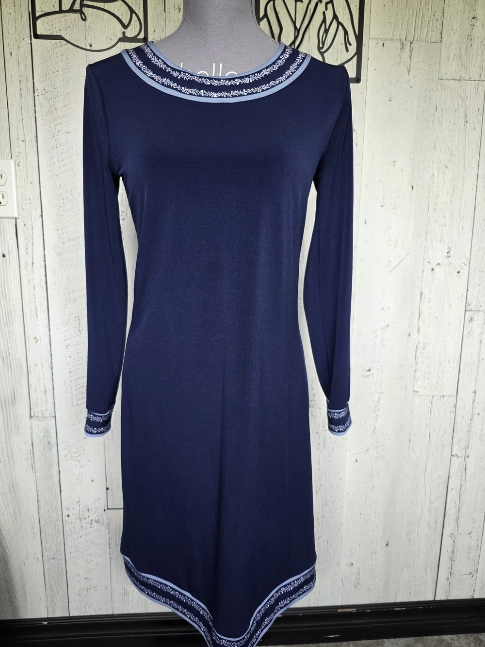 Michael Kors Navy Stretch Dress | Embroidered Trim | Long Sleeve | Size Small